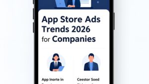 Современная иллюстрация трендов App Store Ads 2026 для страховых компаний от агентства Амм Диджитал